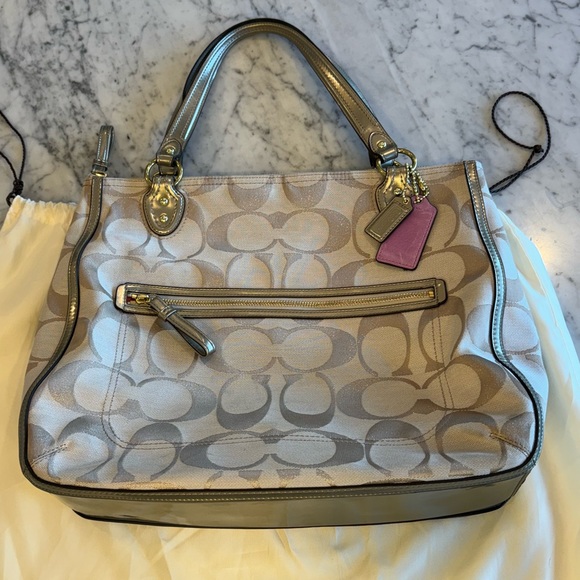 Coach gold and tan jacquard fabric tote with tan trim, pink satin lining. - Picture 3 of 12